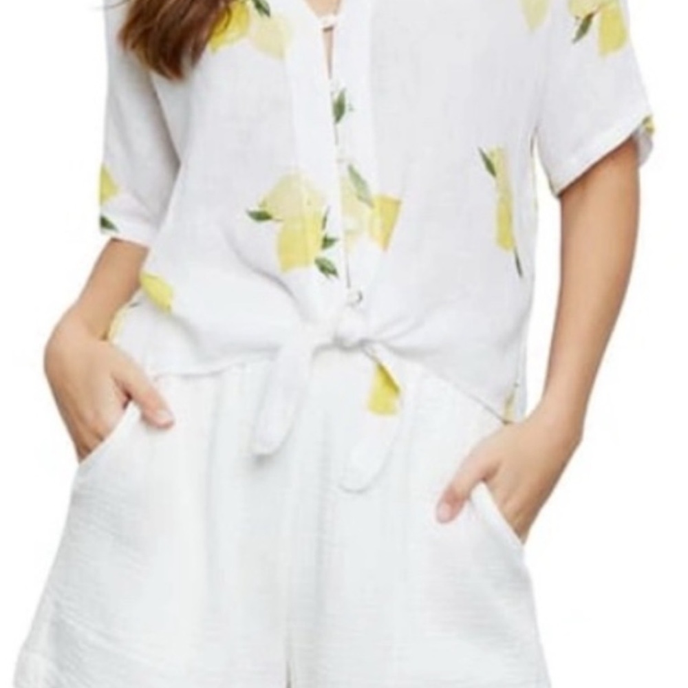 Rails Thea White Linen Tie Hem  Top with Yellow Lemon Print